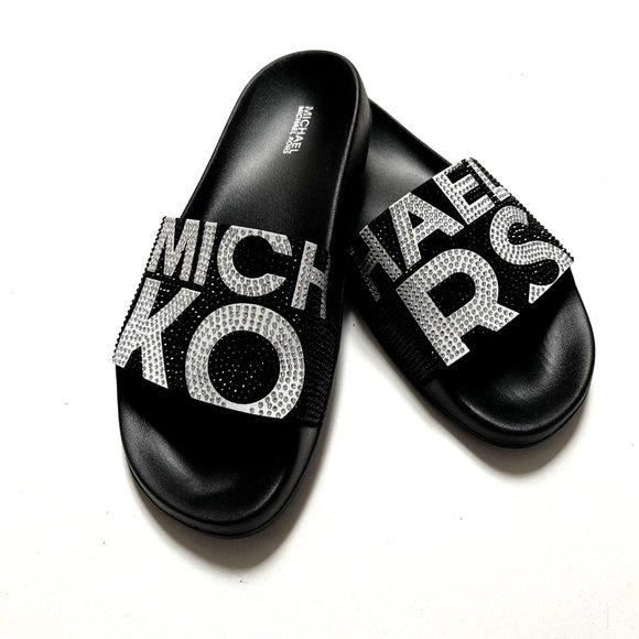 NWOB MICHAEL KORS Rhinestone Slide Sandals Black Sparkle Flats Rubber - Picture 1 of 10